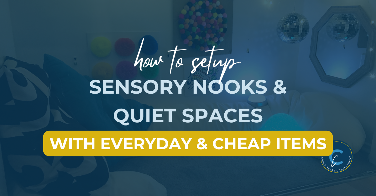 A cozy, dimly lit sensory nook setup with soft pillows, disco balls, and textured wall elements. Overlay text reads: "How to set up sensory nooks & quiet spaces with everyday & cheap items."