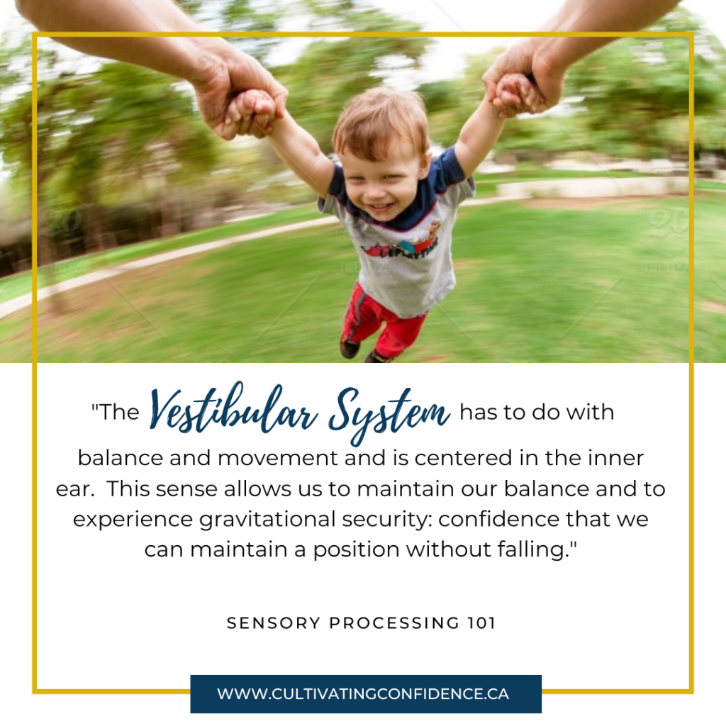 Child being held by hands, spinning around outdoors to demonstrate the vestibular system's role in balance and movement.