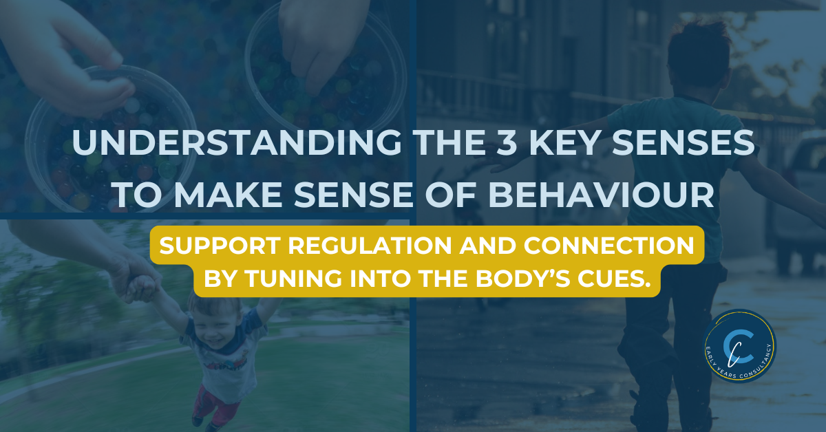 Children engaging in sensory activities such as water beads, swinging, and running, representing the tactile, vestibular, and proprioceptive senses.