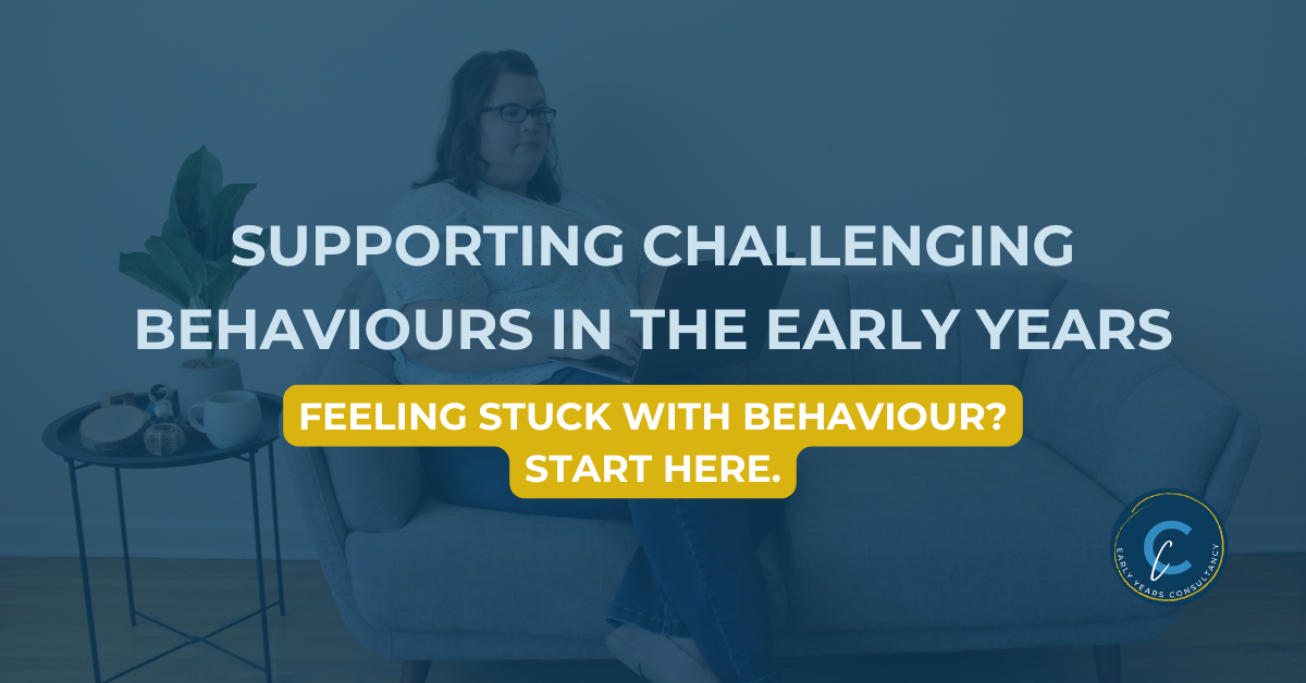 Supporting Challenging Behaviours in the Early Years – Blog feature image with educator seated on couch and headline text overlay.