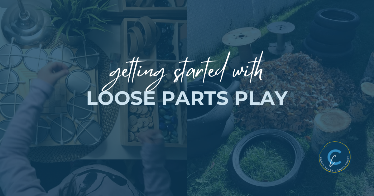 Image featuring the text ‘Getting Started with Loose Parts Play,’ split into two sections showing loose parts materials indoors and outdoors.