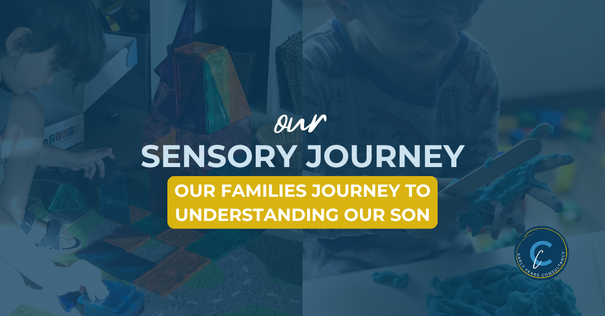 Image of a child playing with magnetic tiles and sensory materials, with the text 'Our Sensory Journey: Our Family's Journey to Understanding Our Son.'