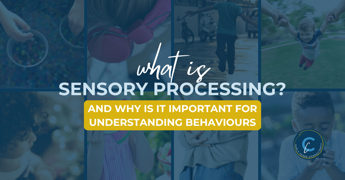 Collage of sensory activities and interactions, with the text 'What is Sensory Processing? And Why Is It Important for Understanding Behaviours.'